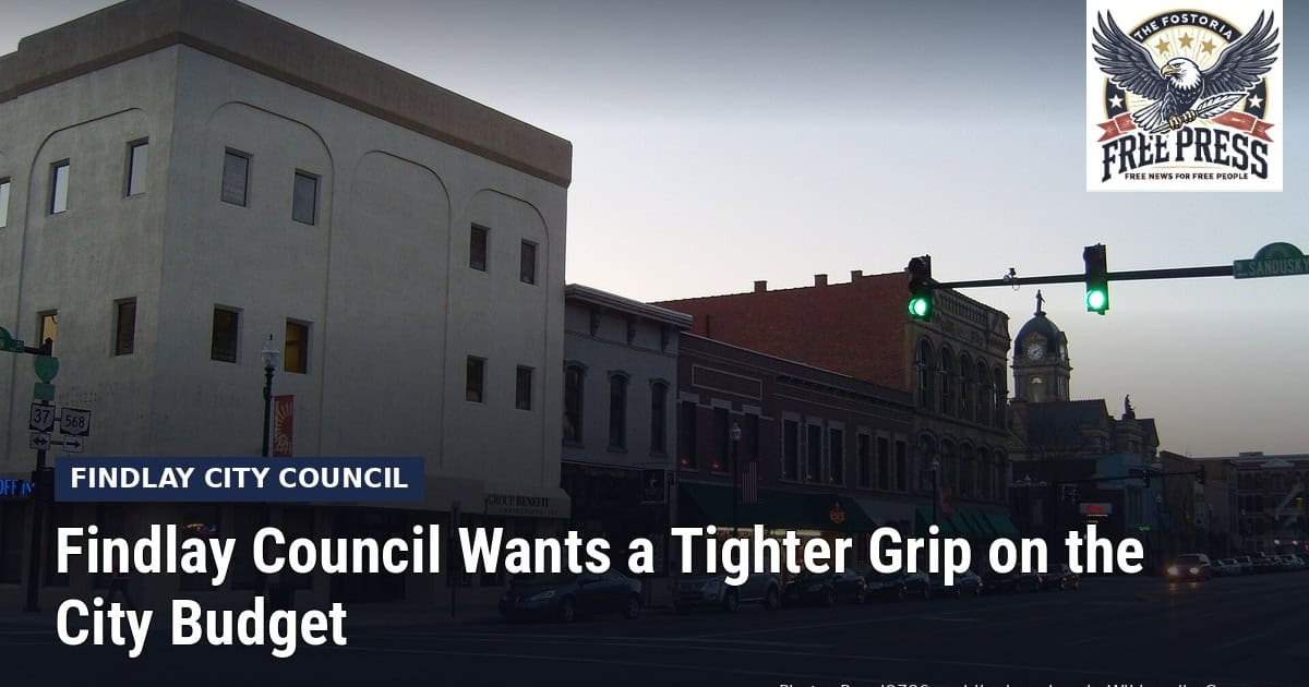 Fostoria News: Downtown Findlay buildings, with headline: Findlay Council Wants a Tighter Grip on the City Budget